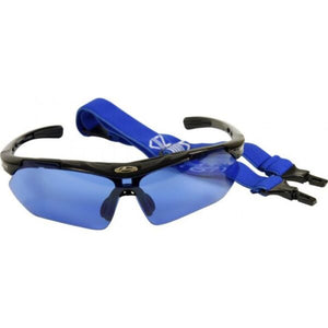 a pair of blue glasses with clippers on them